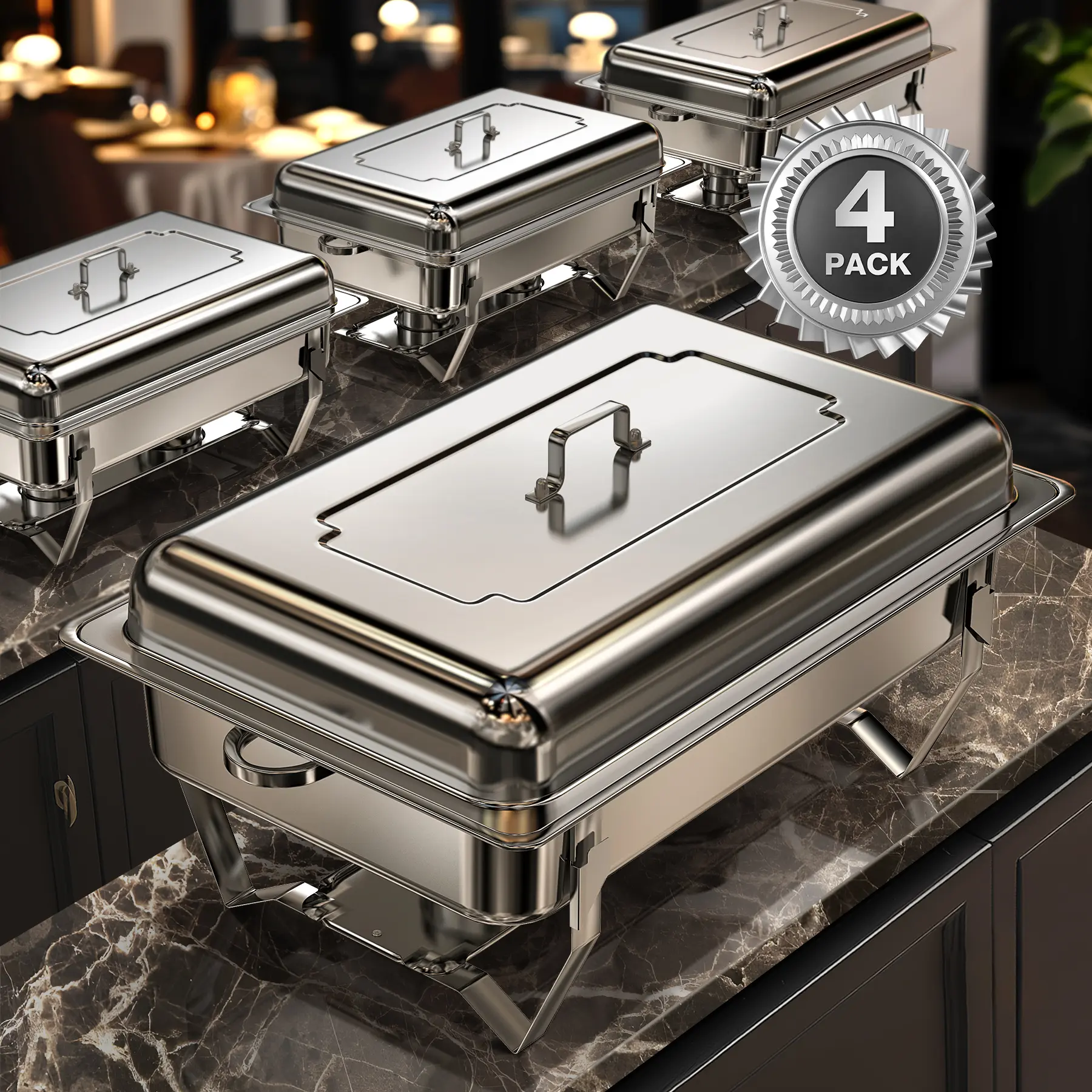 Summerwins Warmounts 9QT Rectangle Gold Chafing Dishes Set - 2 Pack/4 Pack, 430 Stainless Steel Pans, Easily Assembled Foldable Frame, No Finger Cut Design for Buffet Serving, Meticulous Precision Polishing