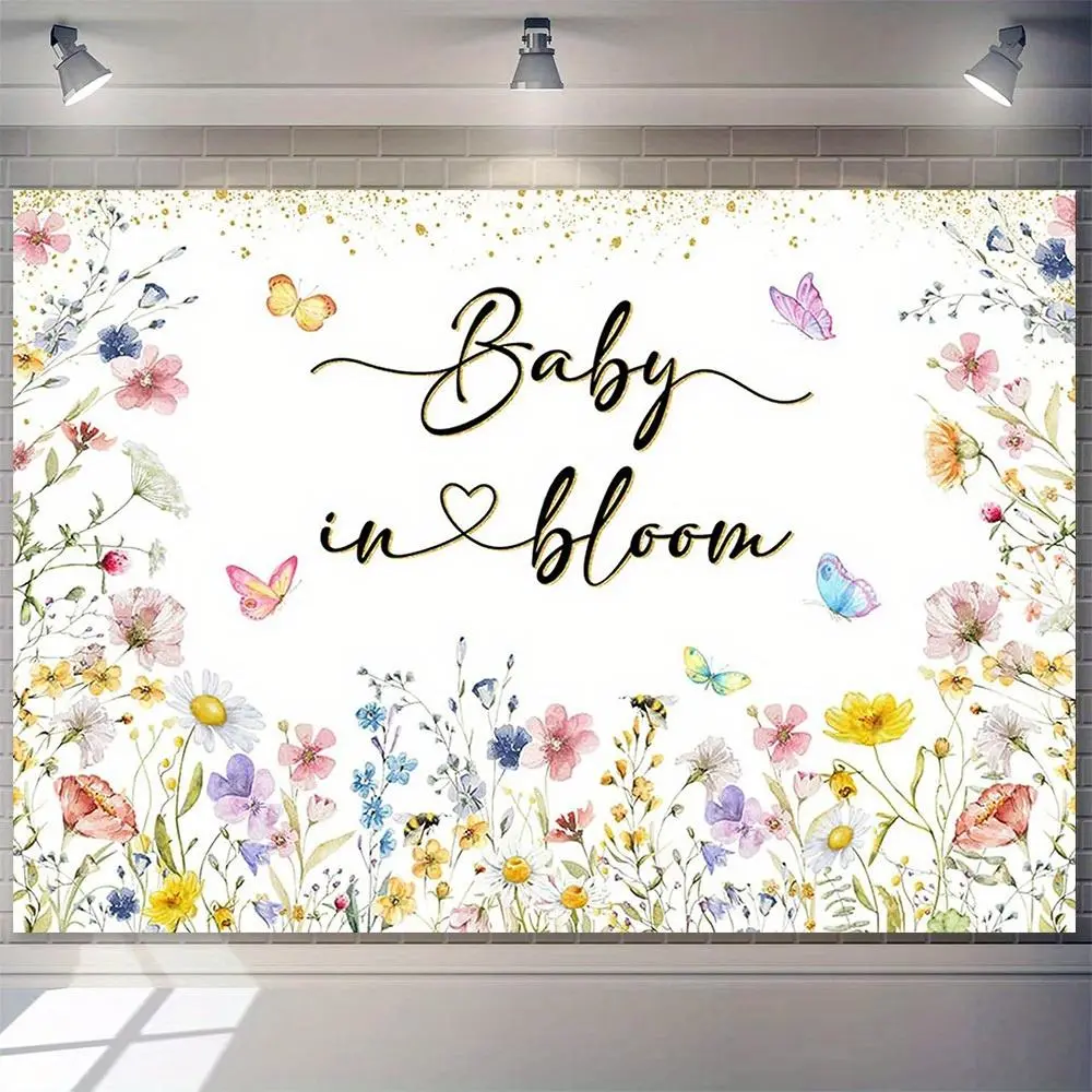 1PC Polyester 2D Flat Floral Print Banner - Reusable Baby Event Backdrop, Butterfly-Watercolor Meadow Flower & Bee Decor for Happy Birthday Parties, Baby Baptism Photo Shoots