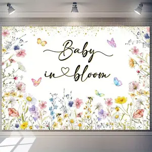 1PC Polyester 2D Flat Floral Print Banner - Reusable Baby Event Backdrop, Butterfly-Watercolor Meadow Flower & Bee Decor for Birthday Parties, Baby Baptism Photo Shoots