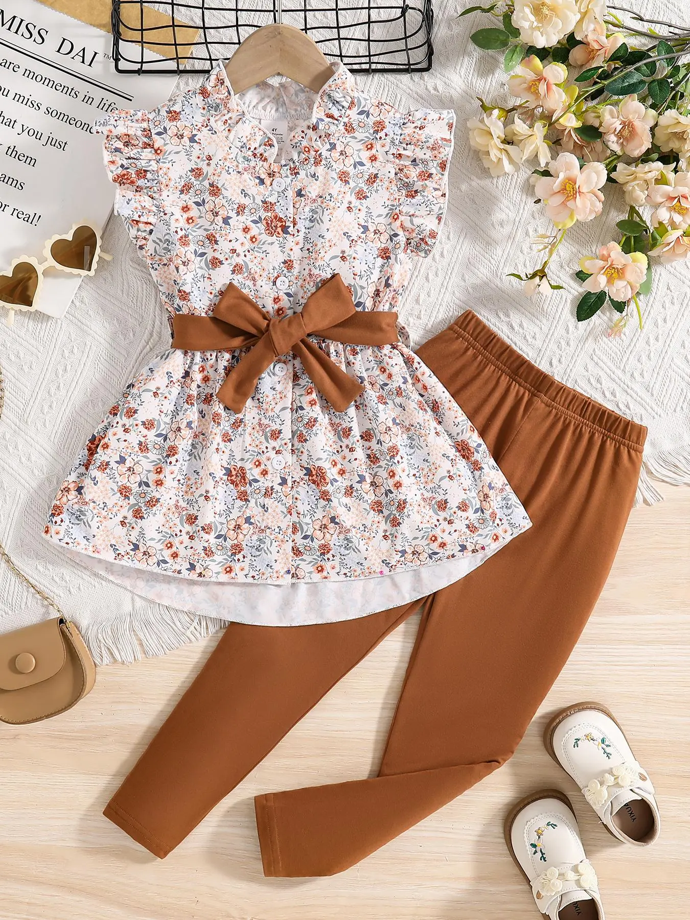 Girl's Cute Floral Print Top & Pants Two-Piece Set, Casual Fashion Top & Trousers Set for Daily Outdoor Wear, Kids Clothing for Summer, Baby Girl Clothes, Gift