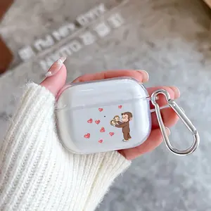 Monkey's Loving Display Pattern Protective Case for AirPods 4/3/2/1/Pro/Pro2 Soft TPU Earphone Cover, Transparent with Keychain