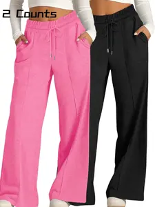 Women's Solid Color Adjustable Drawstring High-Waist Wide Leg Pants, Loose-Fitting Casual Minimalist Loungewear Bottom Knit Trousers with Pockets for All Seasons, Comfortable Daily Wear, Women's Affordable Pajamas, Nightwear
