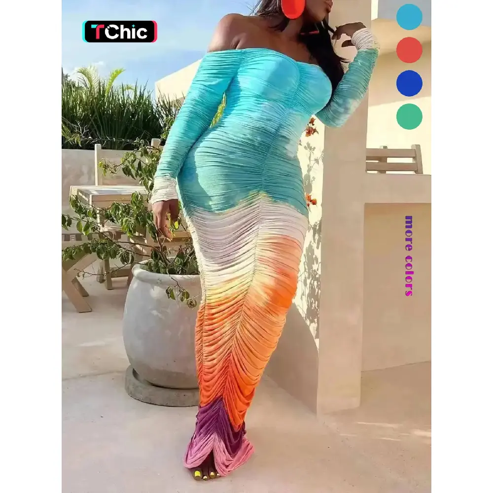 Ocean Style Women's Ombre Print Off Shoulder Bodycon Dress, Boho Ruched Longsleeves Maxi Dress for Daily Holiday Vacation Wear, Dresses for Women, Women's Dress for Spring & Fall, Womenswear, Formal Wear, Colorblock Backless Dress