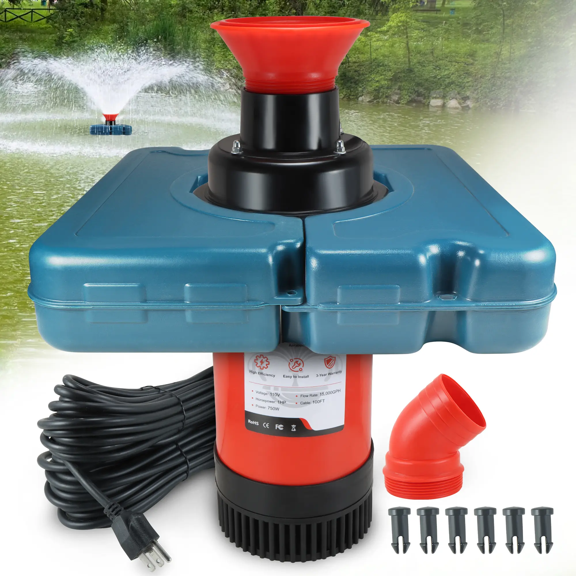 Goldlife Pond Fountain Aerator F1，Without Light, 110V 1HP 750W 15000GPH, 100FT Power Cord, Powerful Aerating Fountain Pump for Outdoor Small Large Pond Lake Garden Jet Fountain System