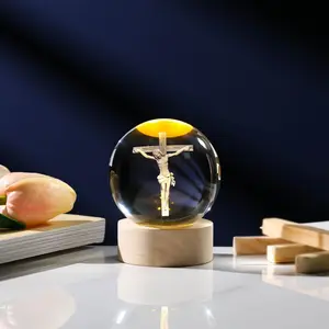 3D Crystal Cross Jesus Figurine Statue, 3D Jesus Nativity Scene Crystal Ball Night Light, Laser Engraved Crucifix Easter Decoration, Religious Home Decor
