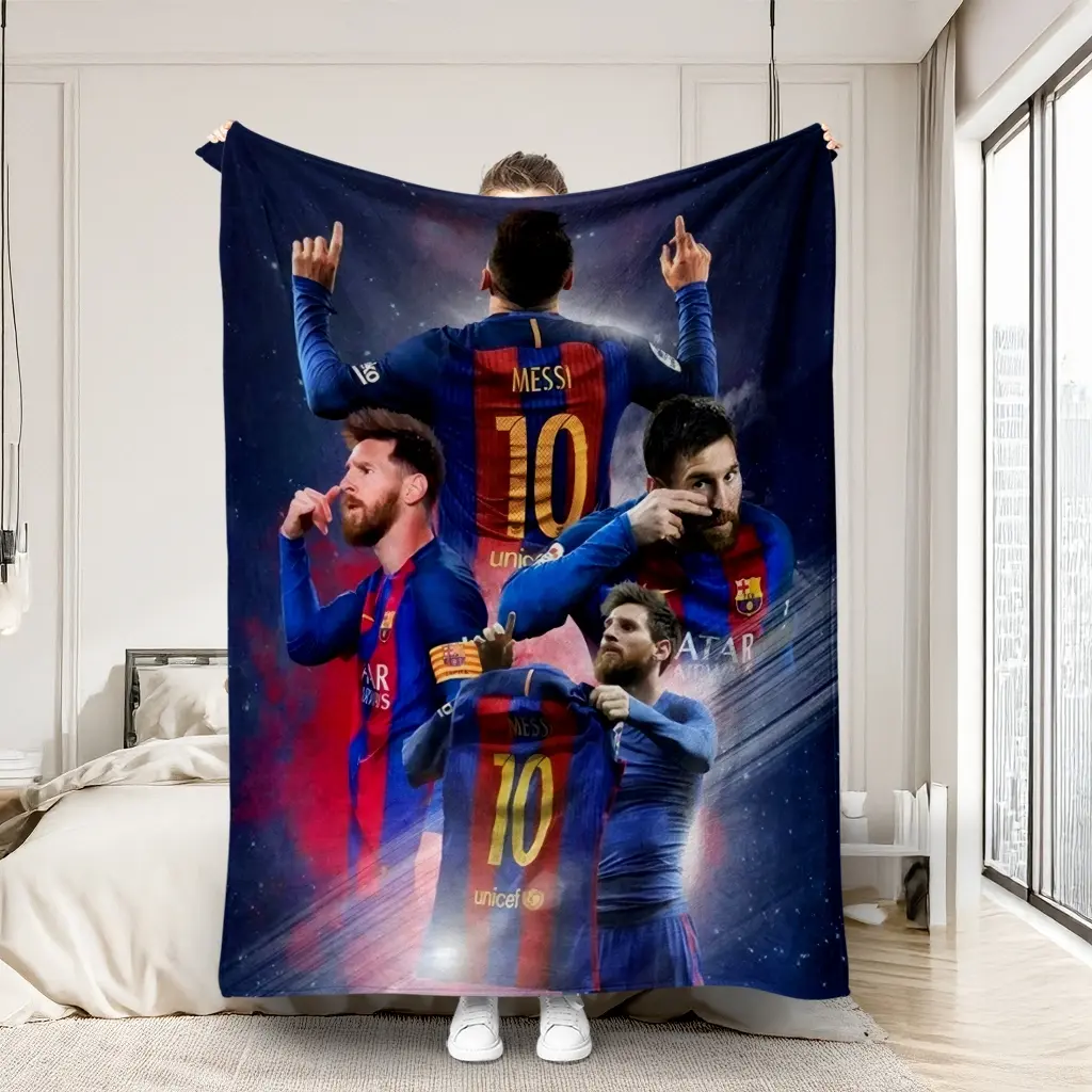 Galaxy Background Vintage Messi Barca Collage Blanket, Soft Flannel Throw, Football Legend Number 10 Print Nap Blanket, Warm Cozy Bedroom Couch Blanket, Popular Sports Fan Decor Blanket, Giftable Blanket for Soccer Lovers & Barca Supporters