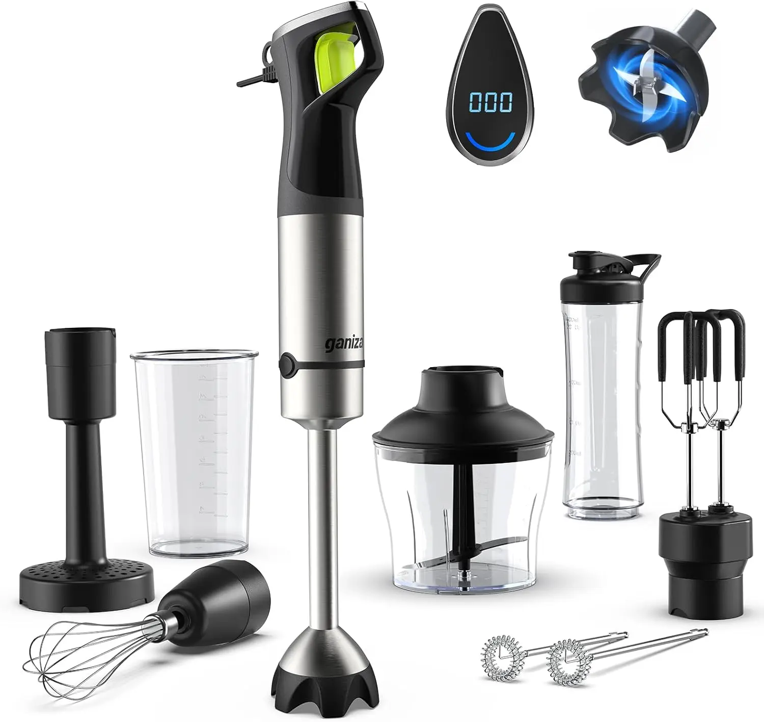9-in-1 Corded Immersion Hand Blender, 1200W Max Power with Time Display, Variable Speed Trigger, Chopper, Whisk, Frother, Beaker Ideal for Soup, Puree, Smoothies