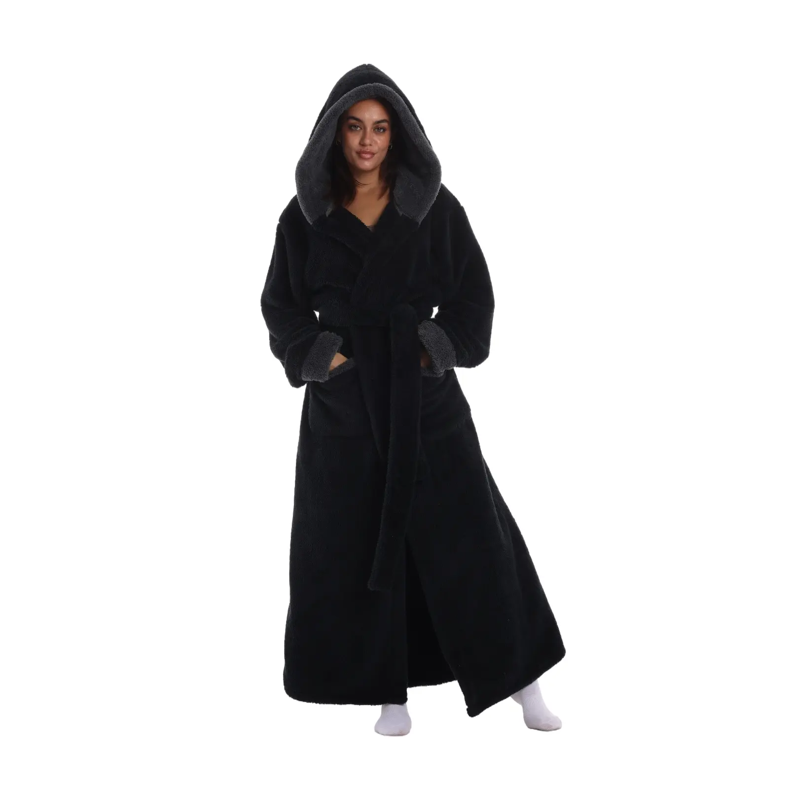 Winter Warm Soft Plush Long Sleeve Bathrobe Robe, Unisex Casual Home Wear with Pockets, Hand Washable, Suitable for Indoor & Outdoor Use, Loungewear, Nightwear, Womenswear