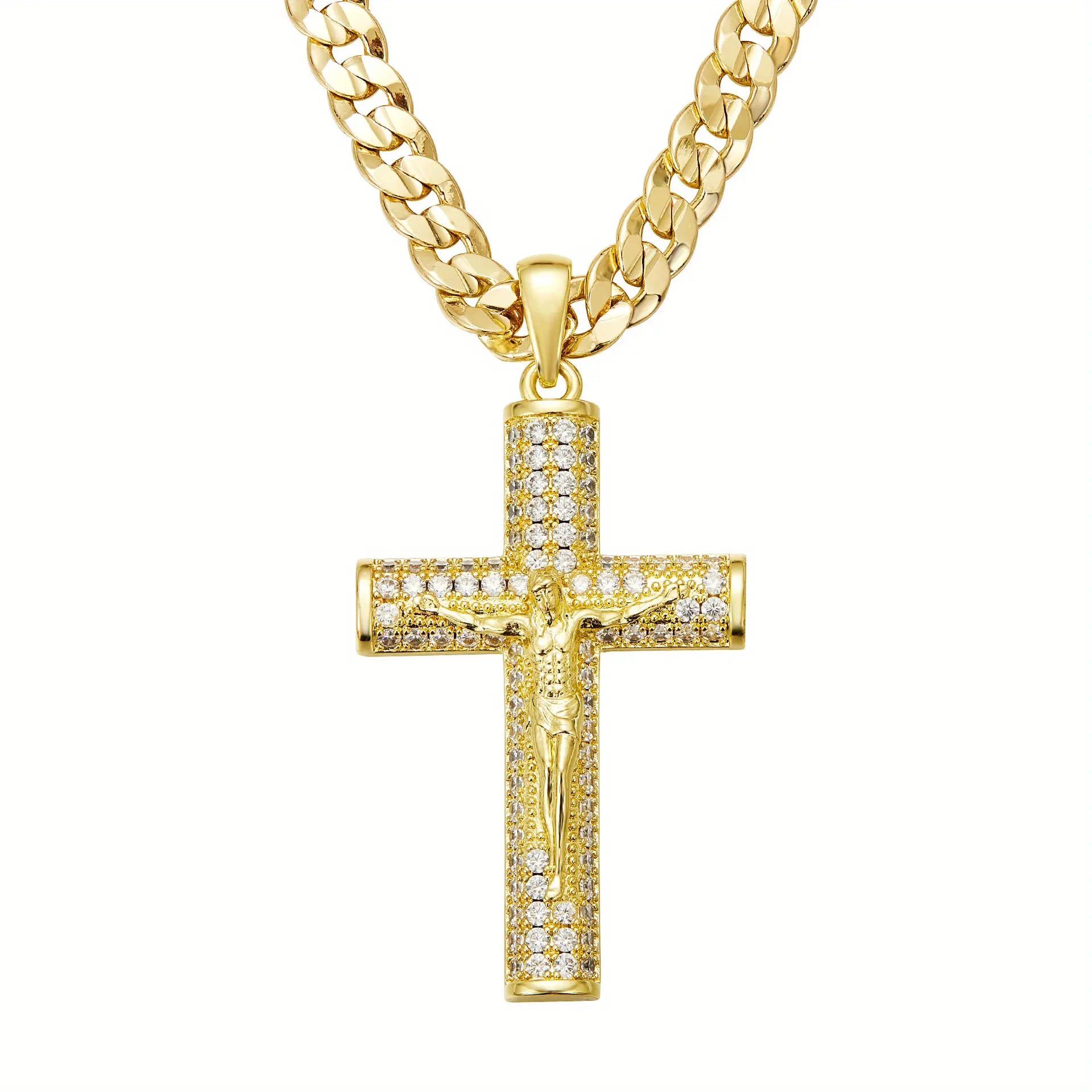 14K Gold Plated Jesus Crucifix Pendant Necklace, 24 Inch Vintage Style Lord's Prayer Cross Jewelry for Men Women, Unisex Faith Christian Gift for Christmas Easter Mother's Day, Goldtone Everyday Formal Occasion High-End Fashion Accessory