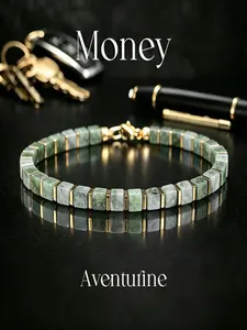 Casual-style square beaded money bracelet made of aventurine stone. It attracts wealth, abundance and prosperity. This handcrafted natural stone jewelry is skin-friendly and perfect for daily wear.