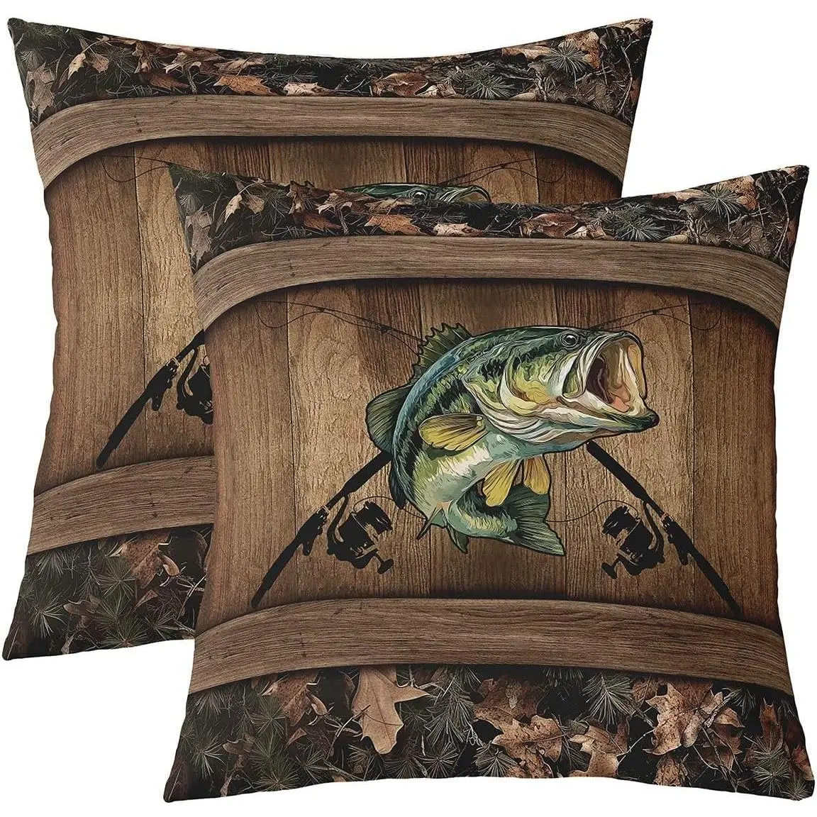 Camo Bass Fish Throw Pillow Covers Pike Fish Fishing Cushion Cover Camouflage Hunting Throw Bed Couch Sofa Rustic Farmhouse Home Decor