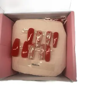 Coffin Tip Acrylic Nails - Medium Length Red Design in Box - Nail Art Product