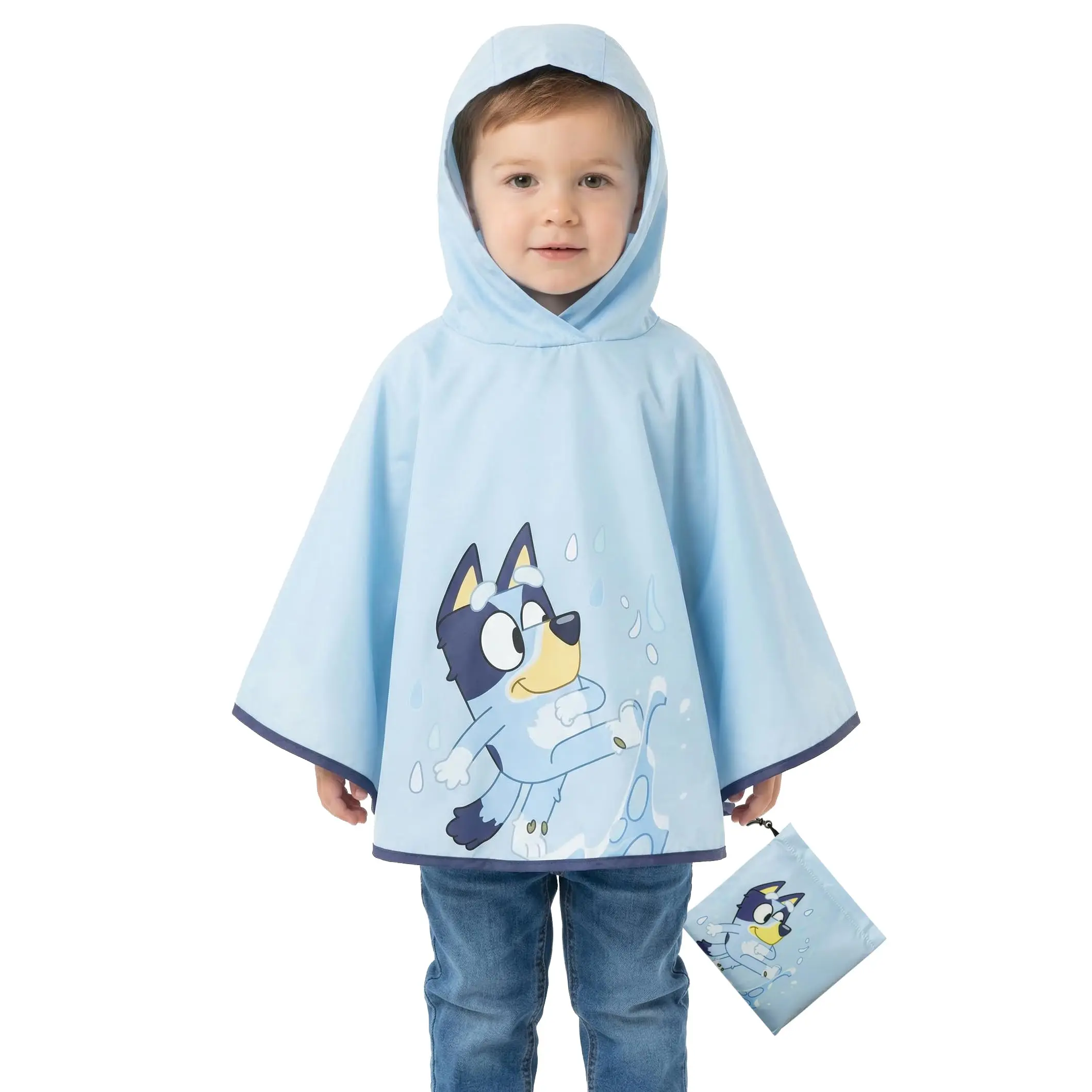 Disney Bluey Kids' Hooded Rain Poncho, Waterproof Polyester Coat with Character Print and Portable Pouch, Official License