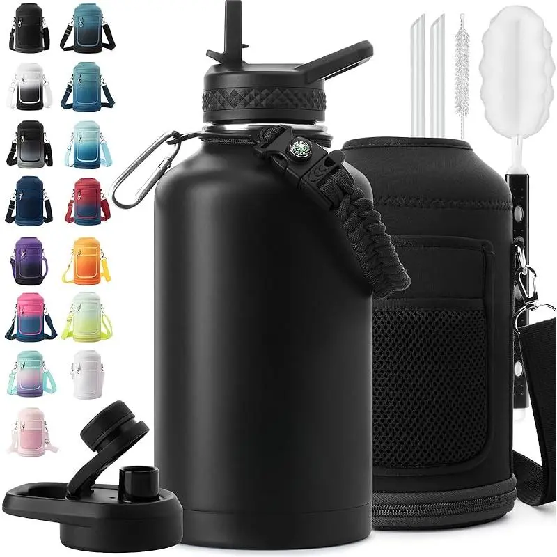 Vacuum Insulated Stainless Steel Water Jug Insulated Water Bottle|   Thickened Stainless Steel Vacuum Metal|   Portable Sports Half Gallon Large Water Jug for Gym and Hiking with Straw, Carrier Bag, Handle Strap|   BPA-Free 64 oz