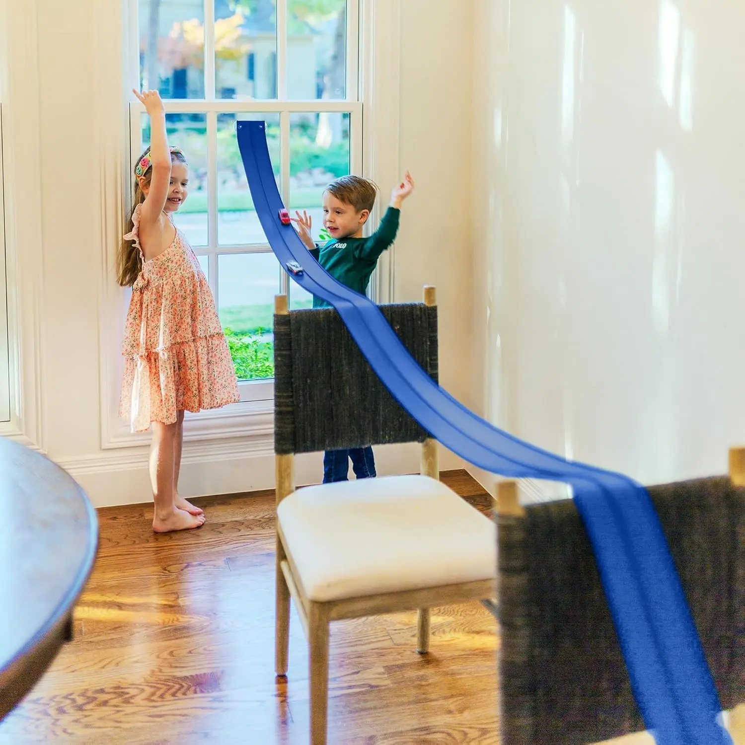 5000 Flexible Race Car Track for Kids Toy with Suction Cups Compatible with Hot Wheels and Diecast 1/64th Cars and More 15 Feet Long Rolls Up Portable Racetrack (Racing Blue)