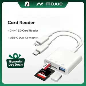 SD Card Reader for iPhone Android, Memory Card Reader Built-in Dual iOS & USB C Connector Card Reader with USB-A/SD/MicroSD 3 Slots, No Application Required Plug and Play
