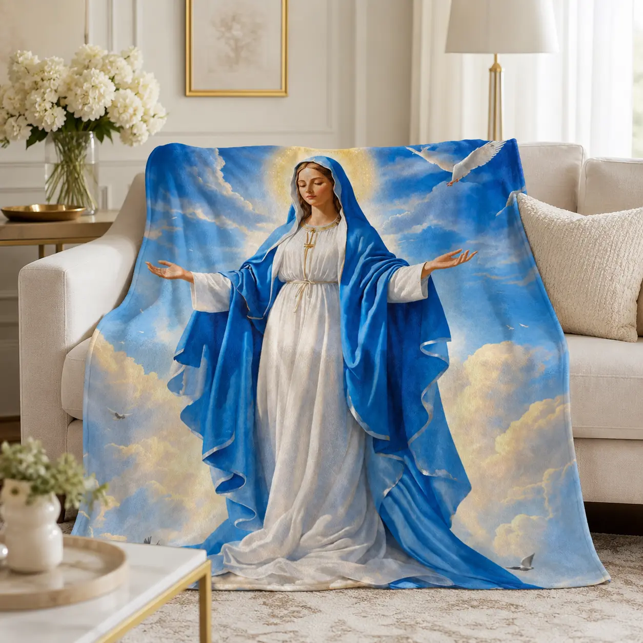 Blessed Virgin Mary Heaven Clouds Doves Catholic Flannel Throw Blanket, Soft Fuzzy Plush Blanket for Couch Bed Prayer Room, All Season Cozy Warm, Spiritual Faith Gift for Christian Believers, Sacred Religious Art Aesthetic Bedroom Living Room Home Decor