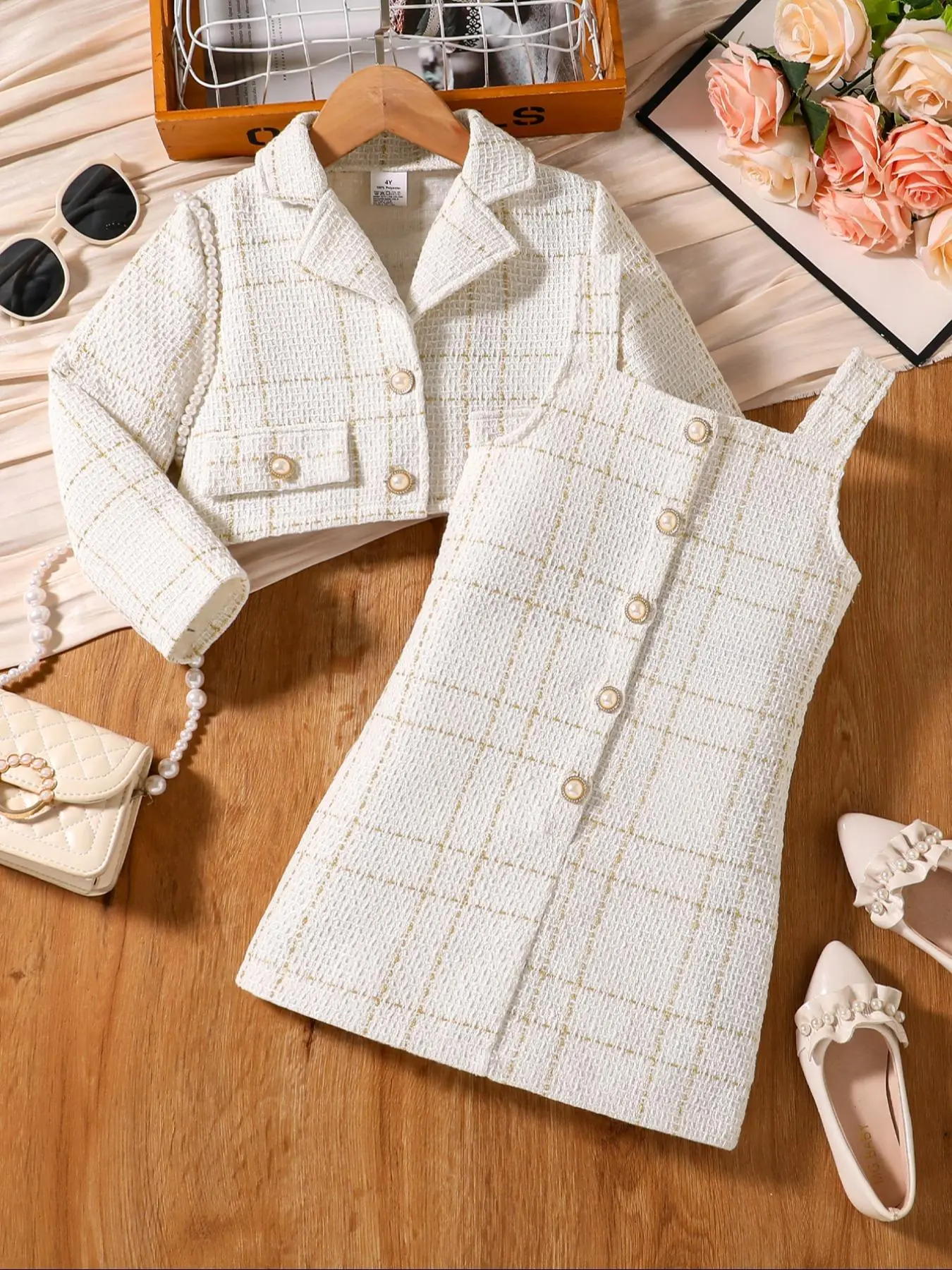 Girls' Spring and Autumn 2-Piece Set, Charming Plaid Sleeveless Dress with Coordinating Long Sleeve Cardigan, Stylish and Comfortable Playwear, Layered Outfit