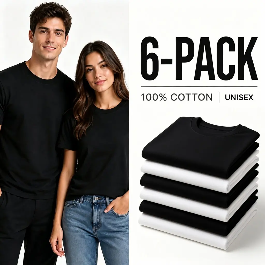 Unisex 6-Pack Comfortable Cotton Crew Neck T-Shirts, Customizable Multi-Colors, Regular Fit 5XL Plus Size, Men Women Comfy Soft Casual Streetwear Tee Tops, Basic 180gsm Breathable Pack