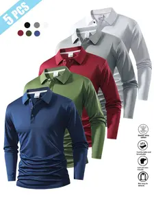 Men's Long Sleeve Polo Shirts Set of 5, Casual Sports Wear, Loose-Fitting Solid Color, Perfect for Travel and Work, All Seasons