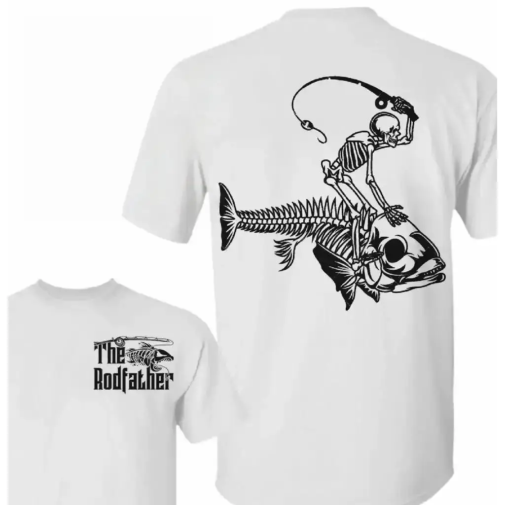 Men's Casual Round Neck Short-Sleeve Skeleton Riding Fish The RodFather 2-Sided Fishing Top, Funny Fisherman Outdoors Outfit, Father's Day Camo Gift, Tops, Shortsleeve