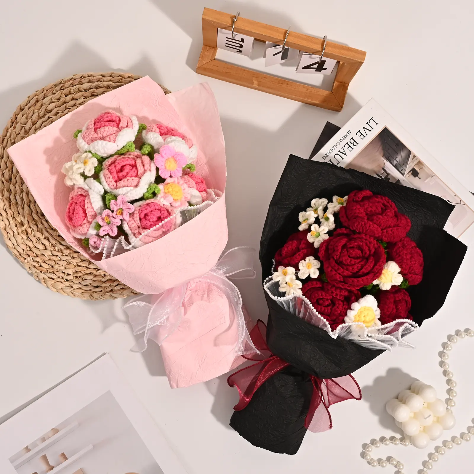 Handmade Crochet Red Rose Bouquet Flowers - Home Decor, Thoughtful GF Gift for Mom's Birthday, Girlfriend's Special Occasions
