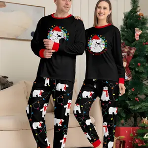 Limited Edition Christmas Couple Pajamas Set, Bear Light Print, Casual Fall Winter Home Wear, Comfortable Daily Sleepwear