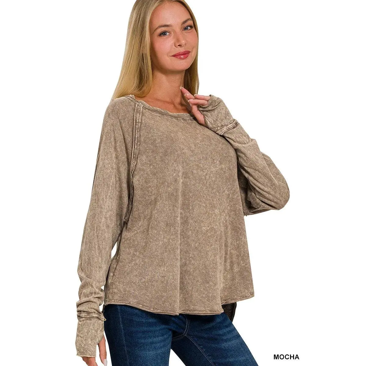 Zenana Crinkle Washed Thumb Hole Cuffs Long Sleeve Top