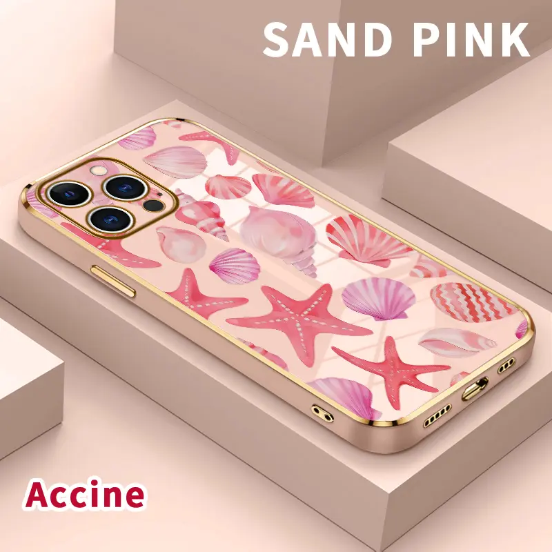 Luxury Electroplated Phone Case for iPhone 15 Pro Max 16 14 Plus 13 12 11 Pink Sea Treasures Pattern Soft TPU Silicone Ultra Slim cellphone Cover