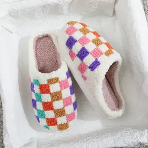 Colorful checkered cotton slippers for women's indoor use, warm in autumn and winter, soft soled woolen slippers