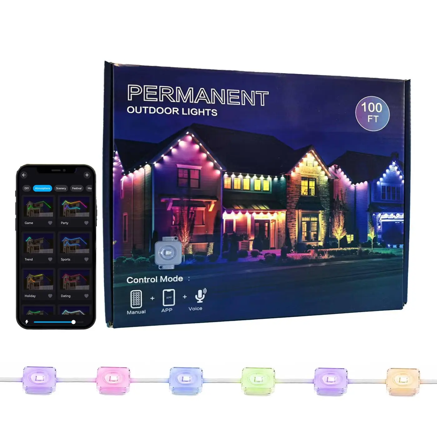 50FT/100FT DIY Outdoor Light with APP/Voice/Remote Control, IP67 Waterproof RGBIC Smart Eaves Cozy Lighting for Outdoor Lighting for Christmas Gift, H