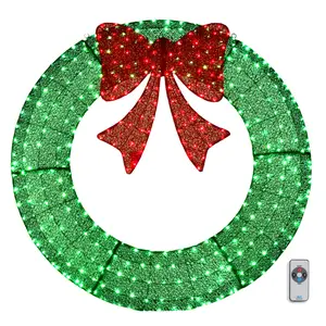 60in Pre-Lit Outdoor Christmas Wreath Decoration with 400 Warm White LED Lights Timer Remote Control Green Red Bow for Home Exterior Garden