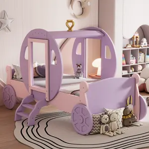 Twin size Princess Carriage Bed with Crown,Wood Platform Car Bed with Stair,Purple+Pink