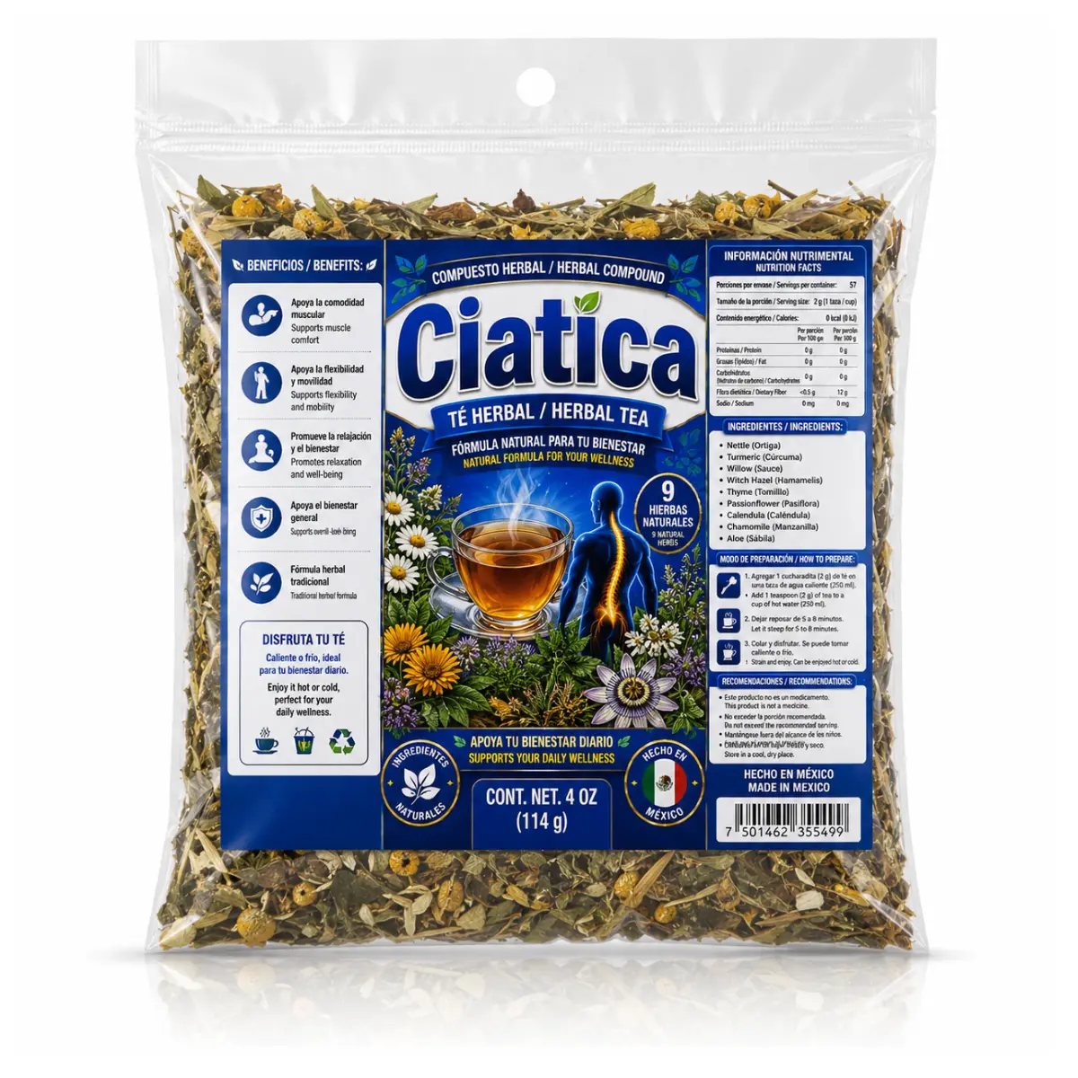 Viral Ciatica Herbal Compuesto Herbal  Premium Tea 4oz (114g) – 100% Natural Herbal Infusion – Hecho en Mexico – Makes 40+ Cups – Herbal Mixture for Digestive Comfort – Té para Bienestar del Nervio Ciatico – Non-GMO | No Cafeína