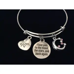Mom I Love you to the Moon the Stars Adjustable Bracelet Silver Expandable Charm Bracelet Wire Bangle Gift