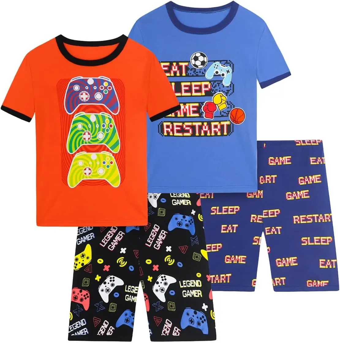 Boys Pajama Set, 4-Piece Cotton Pajamas Short Summer PJs Kids Sleepwear