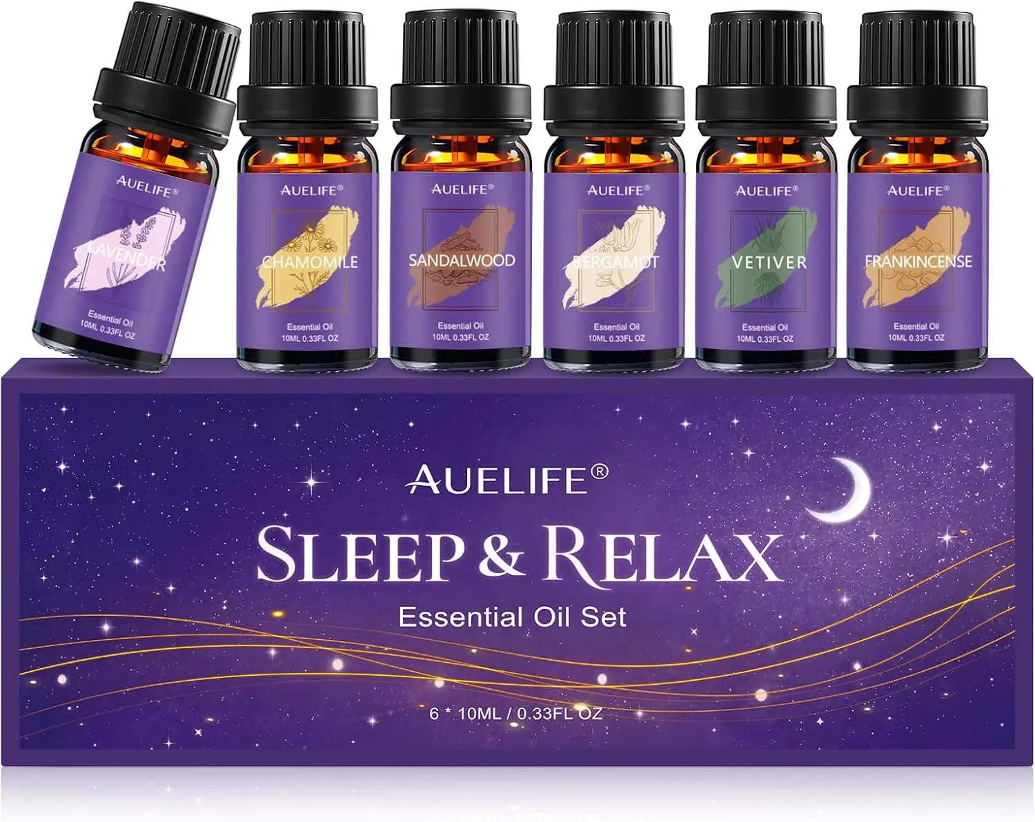 Auelife Wellness Therapeutic Soft Sleeping Blend Essential Oils Set - 6x10ml Glass Bottles, Home Fragrance for Diffuser Use, Candle & Soap Making (Lavender, Chamomile, Sandalwood, Bergamot, Vetiver, Frankincense)
