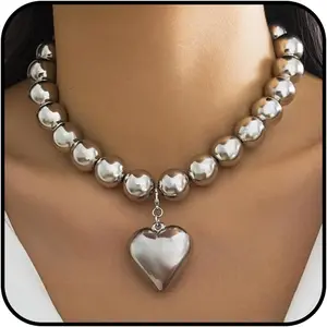 Puffy Heart Necklace Chunky Gold Necklace Pearl Statement Necklaces for Women Chunky Heart Chain Choker Beach Jewelry Essentials