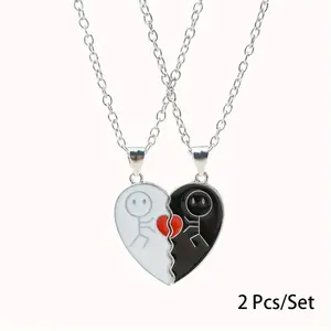 2-piece set, Best Friends Heart-shaped patchwork pendant Necklace, cute simple Friendship jewelry, alloy, non-plated, adjustable chain, gifts for Valentine's Day and all-season parties