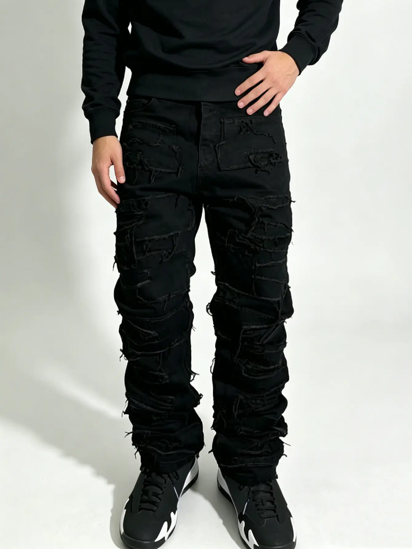 SRETOUU Men's Black Heavy Frayed Stacked Distressed Baggy Jeans, Menswear Hip Hop Ripped Wide Leg Denim Pants Loose Straight Jeans Streetwear