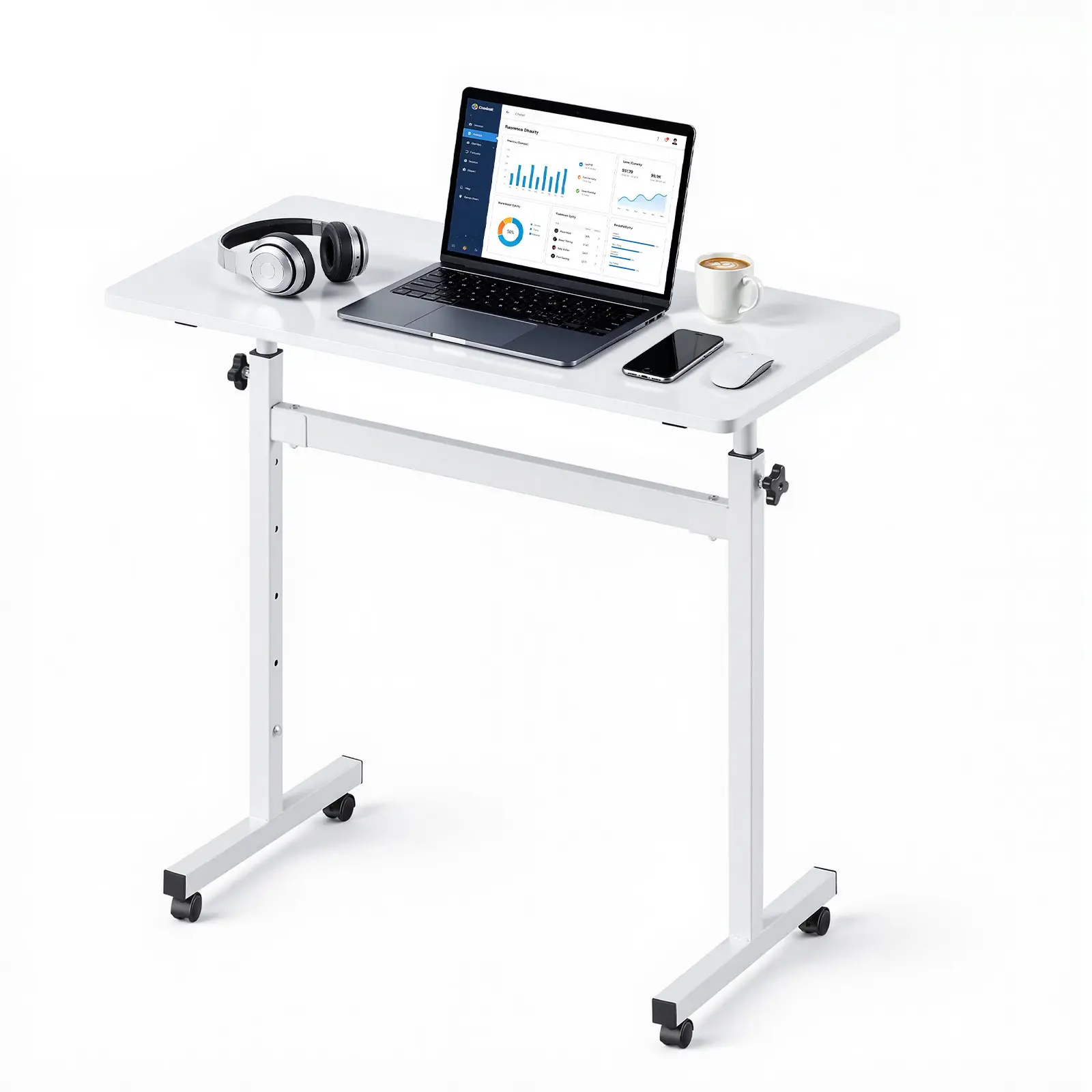 VEVOR Standing Office Desk, Height-Adjust Space Saving 32x16 in Rolling Wheels Workstation with Lockable Casters, Hook, 55.1 lbs Capacity, for Home Office, White