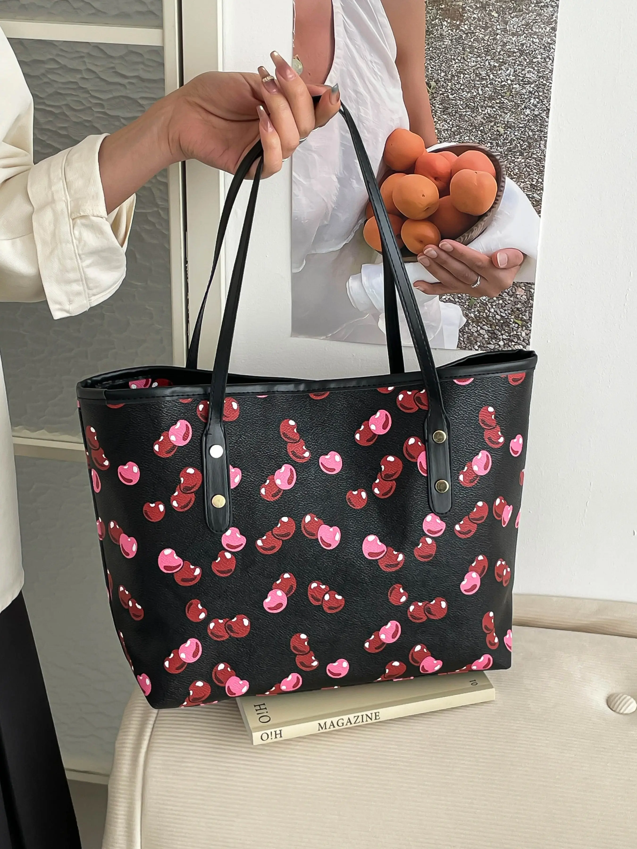 Valentine's Day Cherry Print Tote Bag, Printed Tote Bags, Cute Fruit Pattern Shoulder Bag, Large Capacity Women's Shopping Bag, Fashion PU Leather Handbag, Fashionable Patterned Bag, Casual Handbags, Perfect Gift for Her