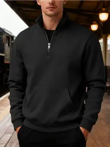 Men's Spring Fall Heavyweight Fleece Quarter Zip Sweatshirt, Casual Loose Fit Long Sleeve Plain Design with Large Pockets, Tops