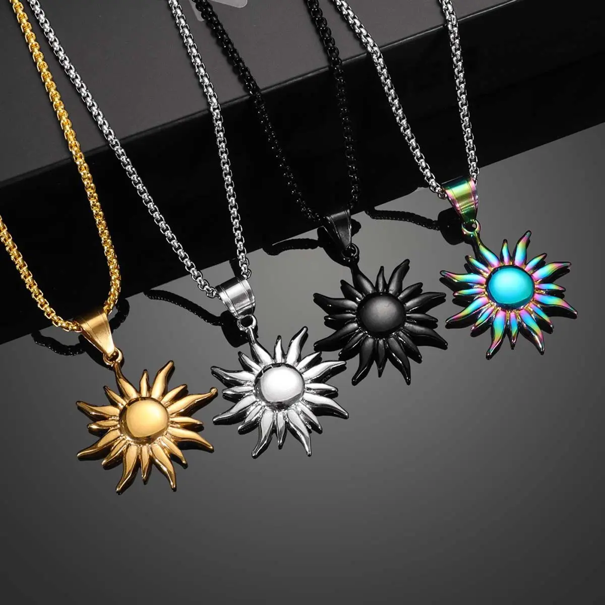 Alloy-Steel Sun Charm Necklace Chain - Niche Hip-Hop Jewelry, Layered Daily Wear, Sunburst Pendant, Versatile Fashion Piece, Ideal Birthday Gift, Sun Charm Necklaces, Sunburst Pendant Necklaces