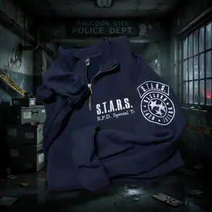 Women's Resident Evil STARS R.P.D Special Team Embroidered Zip Quarter Hoodie Sweatshirt - Fitted, Plus Size, Umbrella Corporation Casual Long Sleeve Top, Leon Kennedy Horror Game Merch, Gamer Gift
