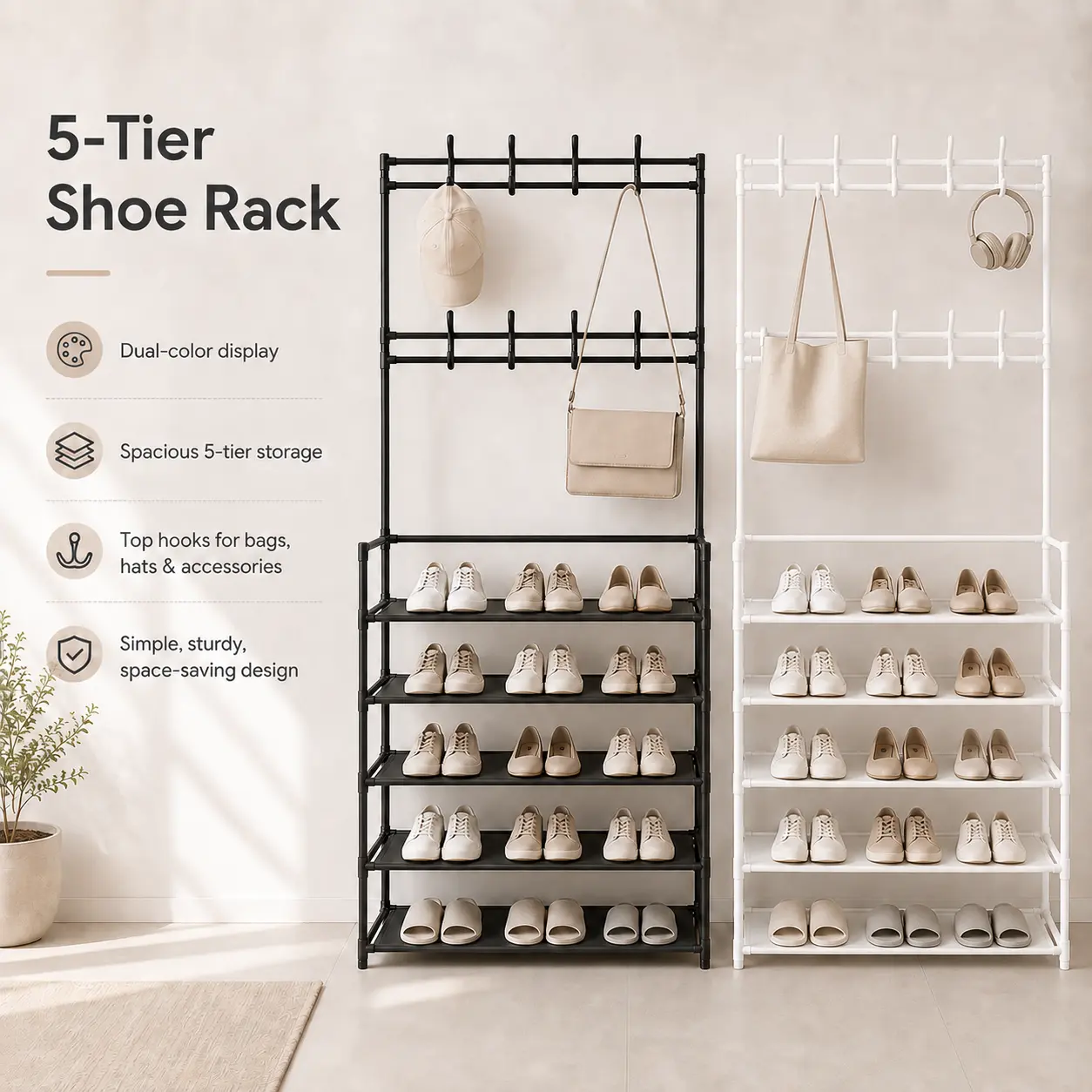 5-Tier Free-Standing Shoe Rack with Multiple Hanging Hooks, Multifunctional Shoe Storage Organizer, Space-Saving Shoe Shelf for Entryway, Hallway, Bedroom, Apartment Closet