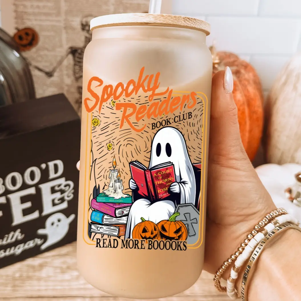 Ghost Reading A Court Of Thorns and Roses Halloween Glass Cup with Lid and Straw, Fantasy Dark Romance Bookish 16oz Frosted Glass Tumbler with Bamboo lid, Book Smut Lover Iced Coffee Mug