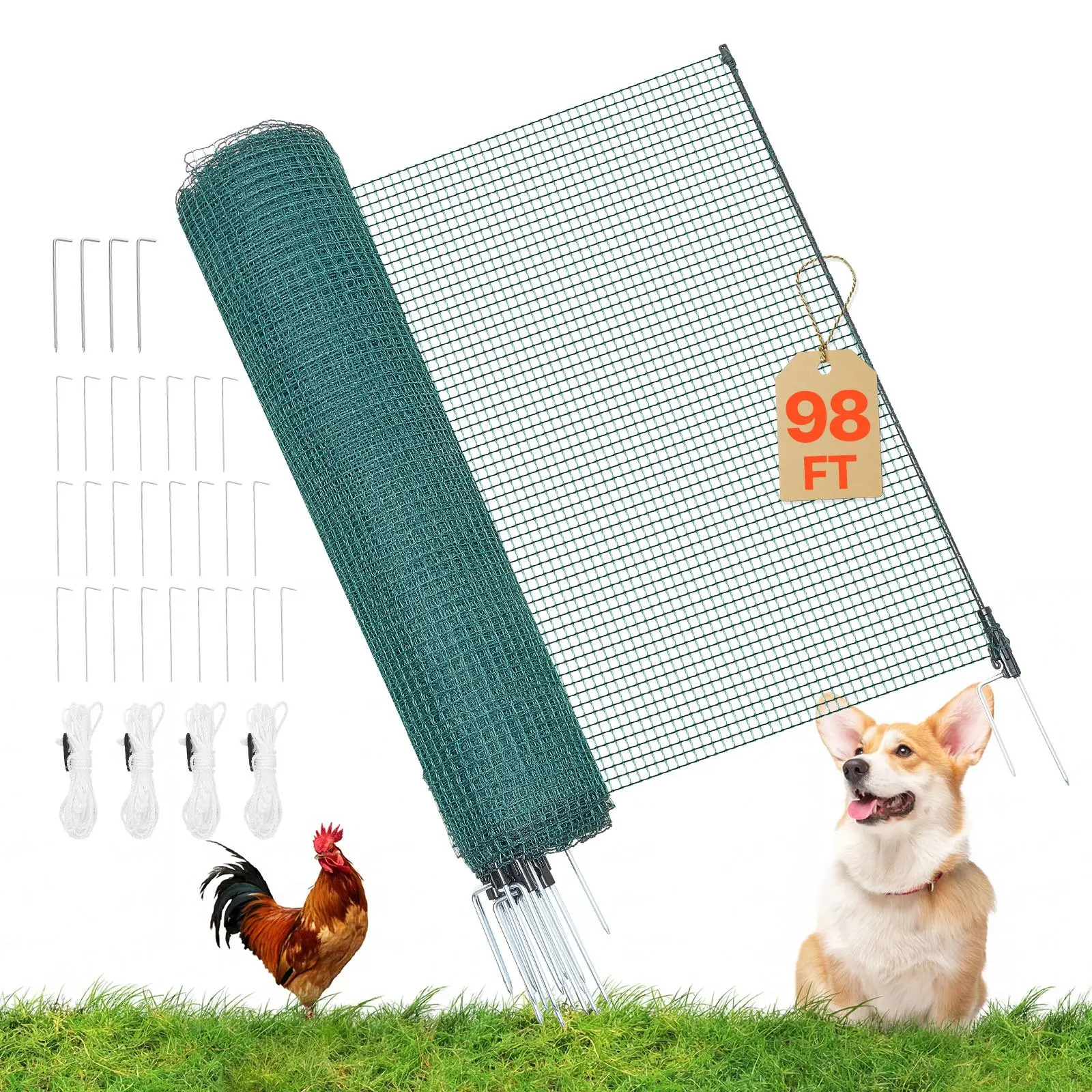 VEVOR Temporary Fence with Posts, 3 x 98.4 FT Plastic Mesh Fencing, Garden Safety Fences Netting with Double-Spike Stakes & Guy Ropes, Temporary Fence for Dogs, Chickens, Plants, Outdoor Yards
