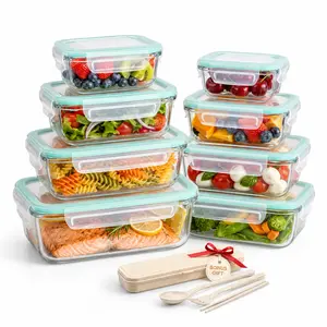 8 Pack Borosilicate Glass Food Storage Containers with Lids, Meal Prep Lunch Containers Set with Airtight Vent Hole Lids, Bonus Travel Cutlery, Microwave Oven Freezer Dishwasher Safe
