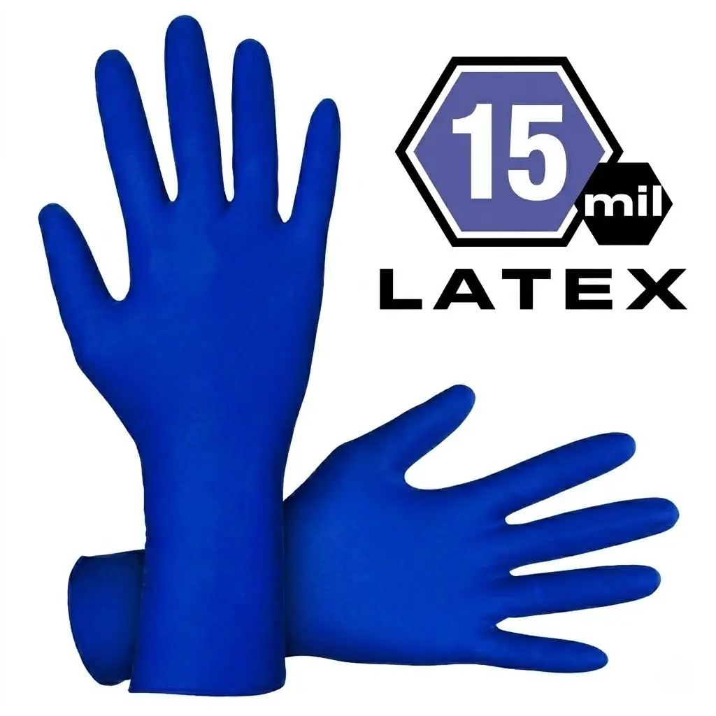 WALOTNAY Powder-Free Exam Grade Latex Disposable Gloves.15 Mil / 14 Mil Thickness, 12" Length, Extended Beaded Cuff, Low Protein Count, Fully Textured for Superior Grip. Single Use. Pack of 50, Heavy Duty Gloves for Cleaning, non-slip, Toilet, Blue